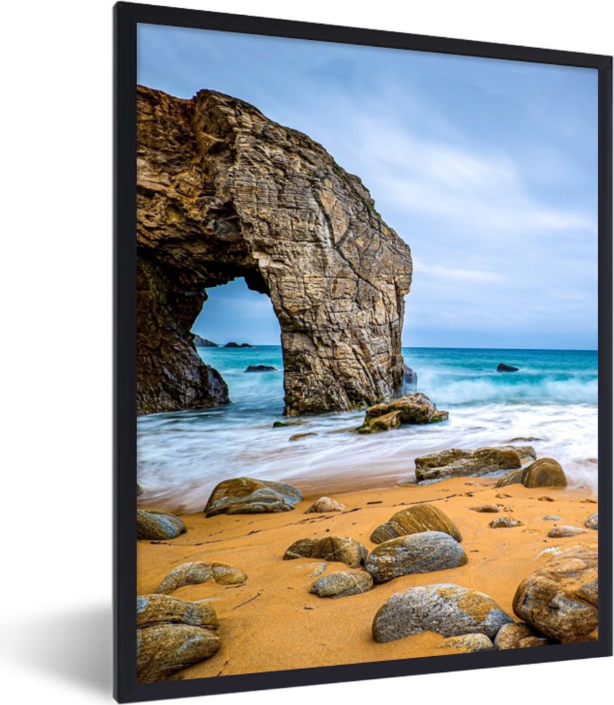 MuchoWow Gerahmtes Poster Steine - Wasser - Strand - Felsen - Wellen 60x80 cm - Poster mit Schwarzem Bilderrahmen Wandposter Rahmen Foto Bilder -...