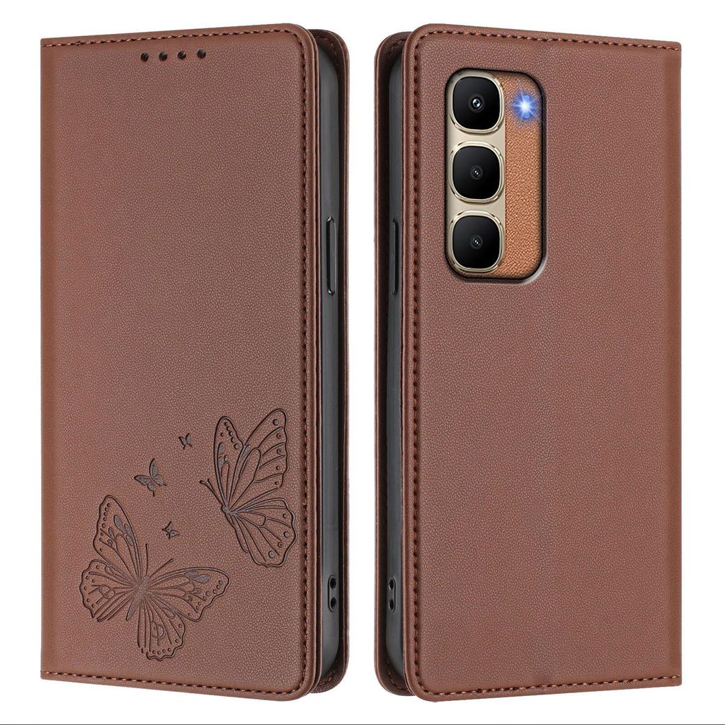 Lederhülle für Infinix Hot 70 4G, Schmetterling Prägung Leder Brieftasche Schutzhülle mit Ständer Braun