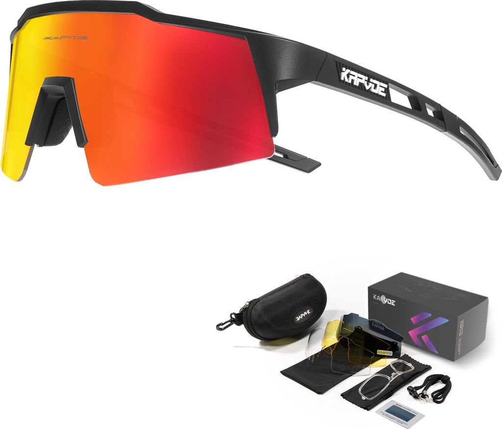 KAPVOE Polarisiert Fahrradbrille mit 4 wechselgläser TR90 Rahmen für Herren Damen Sport Radfahren MTB Sportsonnenbrille Radbrille Sportbrille Fah...