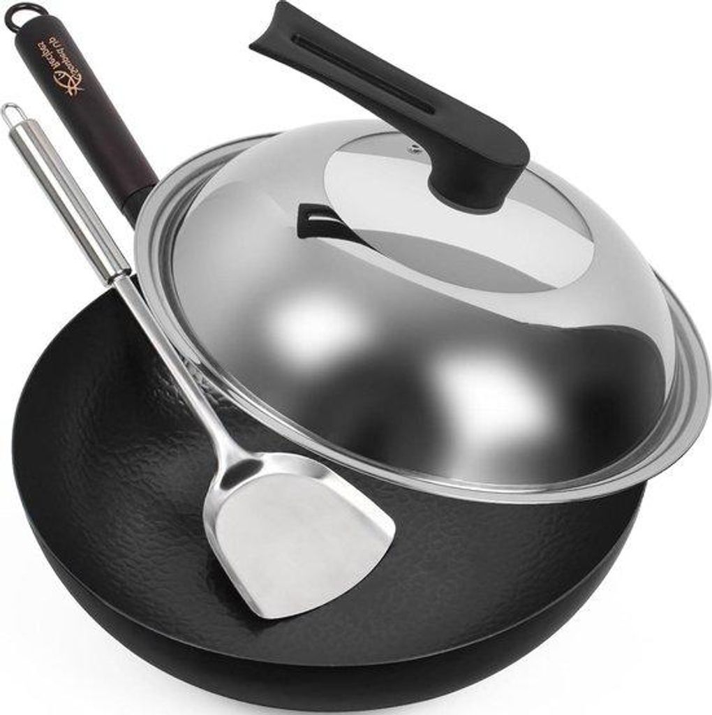 125cm Edelstahl-Wok für Induktion und Gas, schwarz, mit Deckel