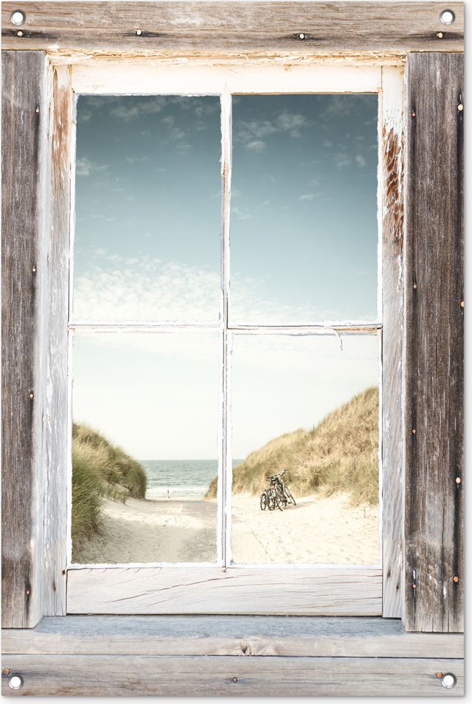 MuchoWow 60x90 cm Outdoor-Poster Gartendeko Sichtschutz Garten Poster für den Garten Aussicht - Strand - Fahrrad