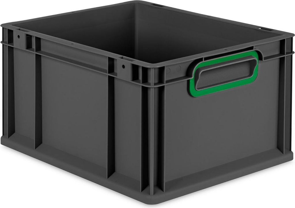 Eurobox NextGen Color | HxBxT 22x30x40cm | 20 Liter | Griffe grün geschlossen | Schwarz | Eurobehälter, Transportbox, Transportbehälter, Stapelb...