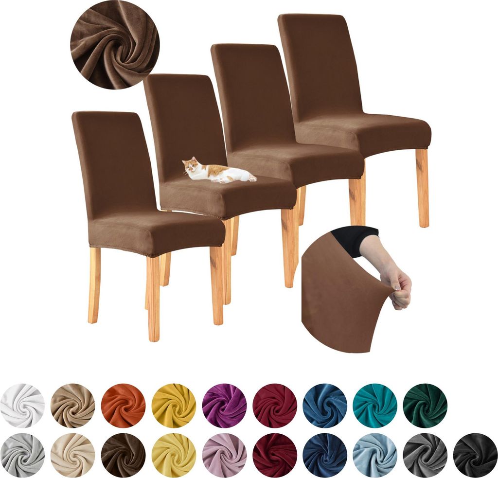 MEBLE ODNOWA, Stuhlhusse, Stuhlbezug, Standardgröße, Samt, Braun, 4er Set, Velours, elastisch, Stuhlbezüge, Stuhlhussen, maschinenwaschbar