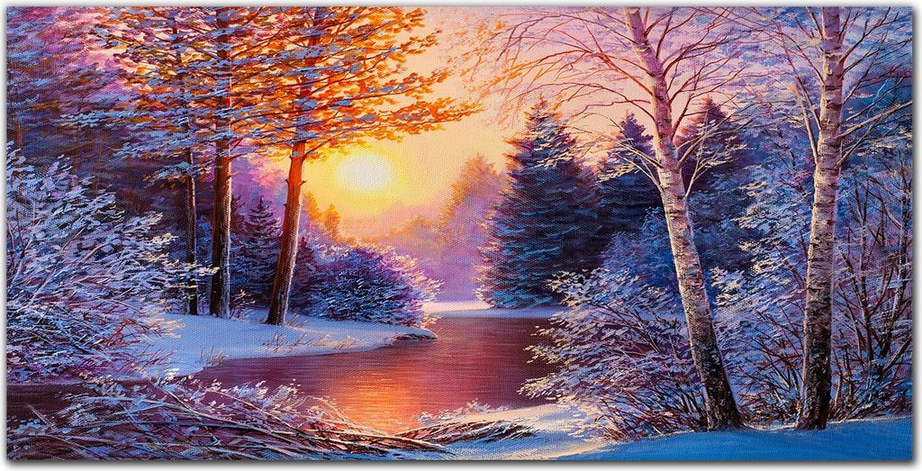 Coloray Bild aus Leinwand 140x70 Leinwand Dekoration - Wald Fluss Schnee Sonnenuntergang