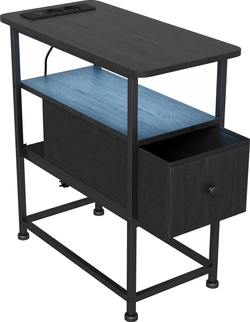 Bout de Canapé Noir avec Prises USB Intégrées et Tiroir de Rangement