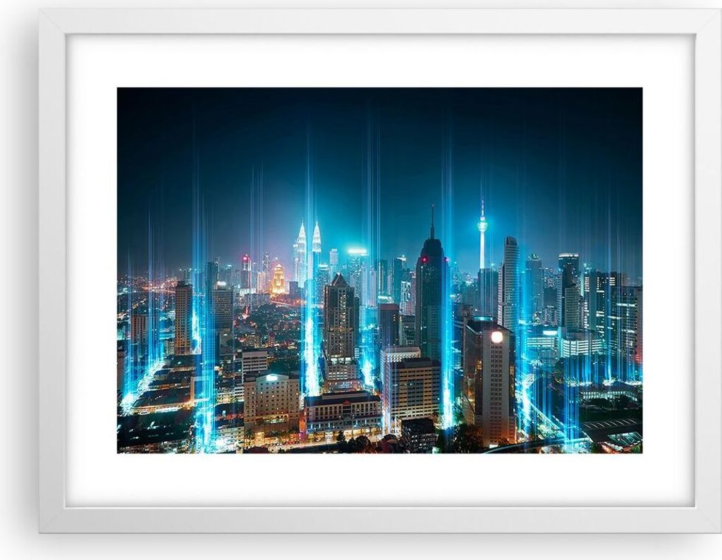 Gerahmtes Poster - Weißer Rahmen - Stadt Nacht Straße - 40x30 cm - Wand Bild - Wanddeko - Wandbilder - Kunstposter - Wandposter - Bilderrahmen - ...