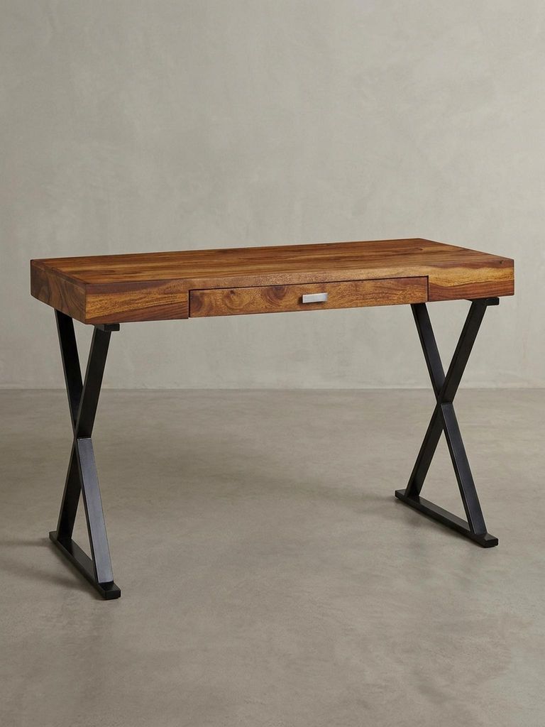 Massivholz Schreibtisch Sheesham, X-förmiges Metallgestell, Schublade. Schwarz, 120x55x78 cm | Kadima Design