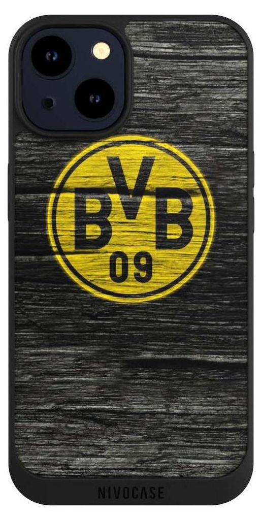 NIVOCASE Handyhülle für Apple iPhone 14 Hülle NIVOpure Case Schwarz BVB Borussia Dortmund Holzoptik