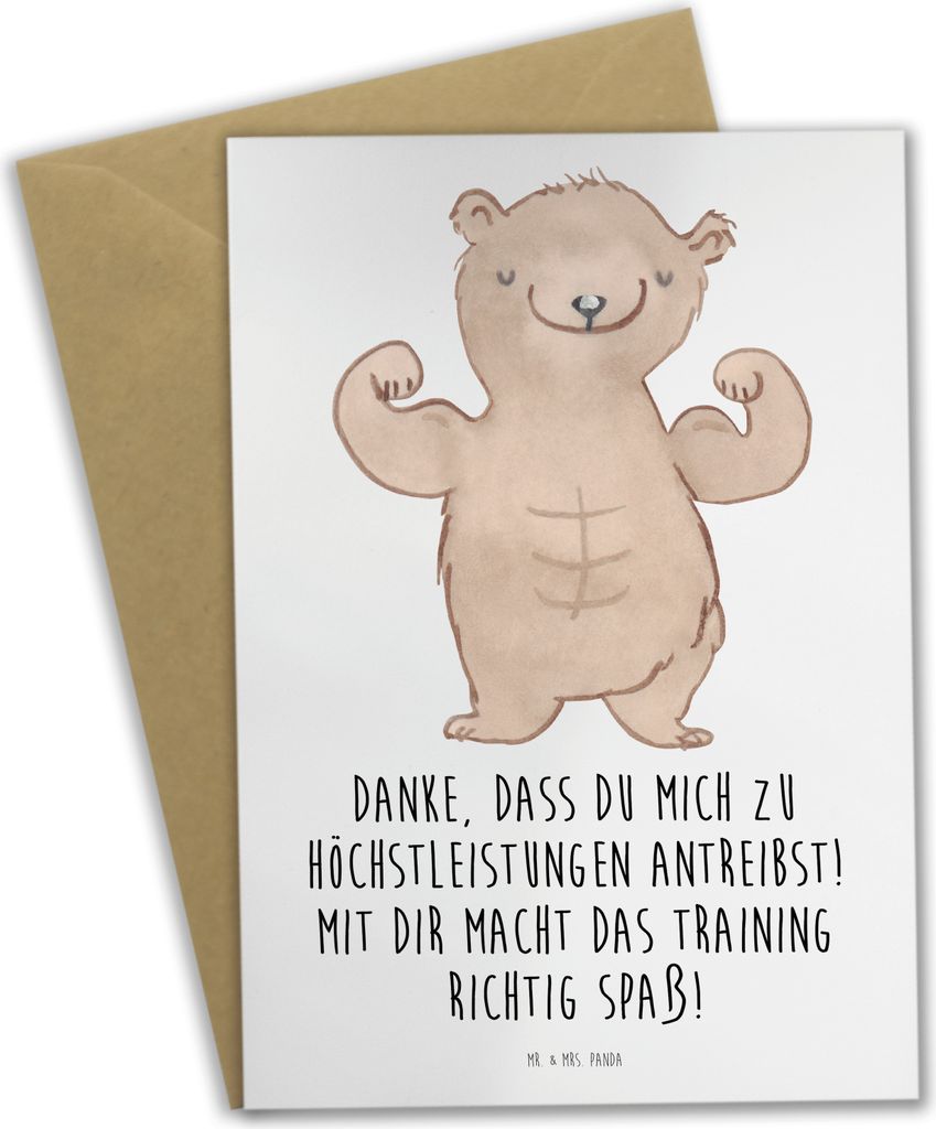 Mr. & Mrs. Panda Glückwunschkarte Motivierender Fitness-Trainer - Weiß - Geschenk, einladungskarten, hochzeitskarten, Beileidskarte, Danke sagen,...
