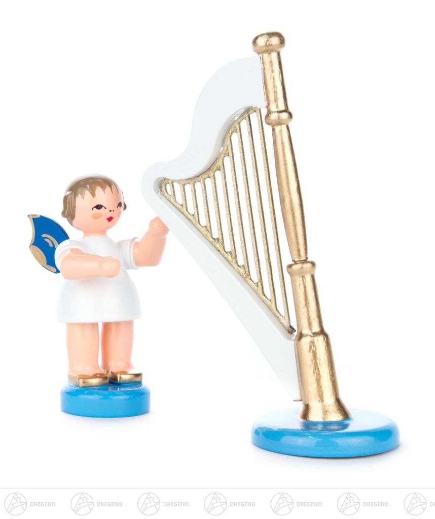 Engel mit Harfe - Blaue Flügel - stehend (6cm) von Kunstgewerbe Uhlig