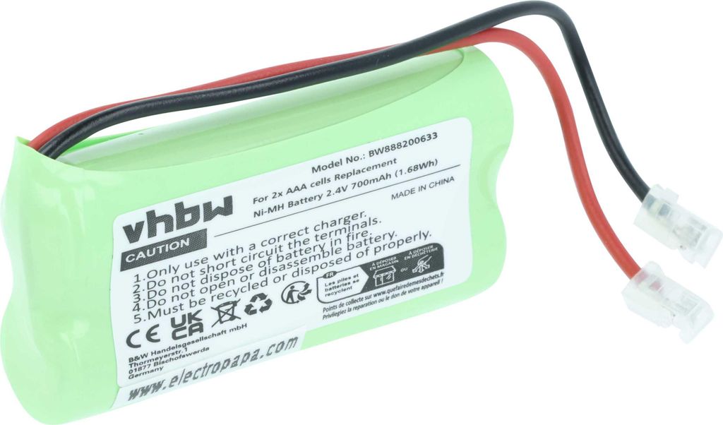 vhbw Akku für diverse Geräte (700mAh, 2,4V, NiMH) 2x Zellen Typ AAA, Micro, HR03