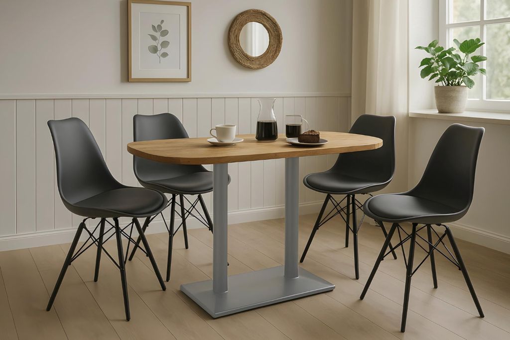 Bistrotisch Emilian | 110 x 50 cm | Akazienholz massiv | Farbe: Natur | ovale Form | silbernes Doppel-Säulengestell aus Metall