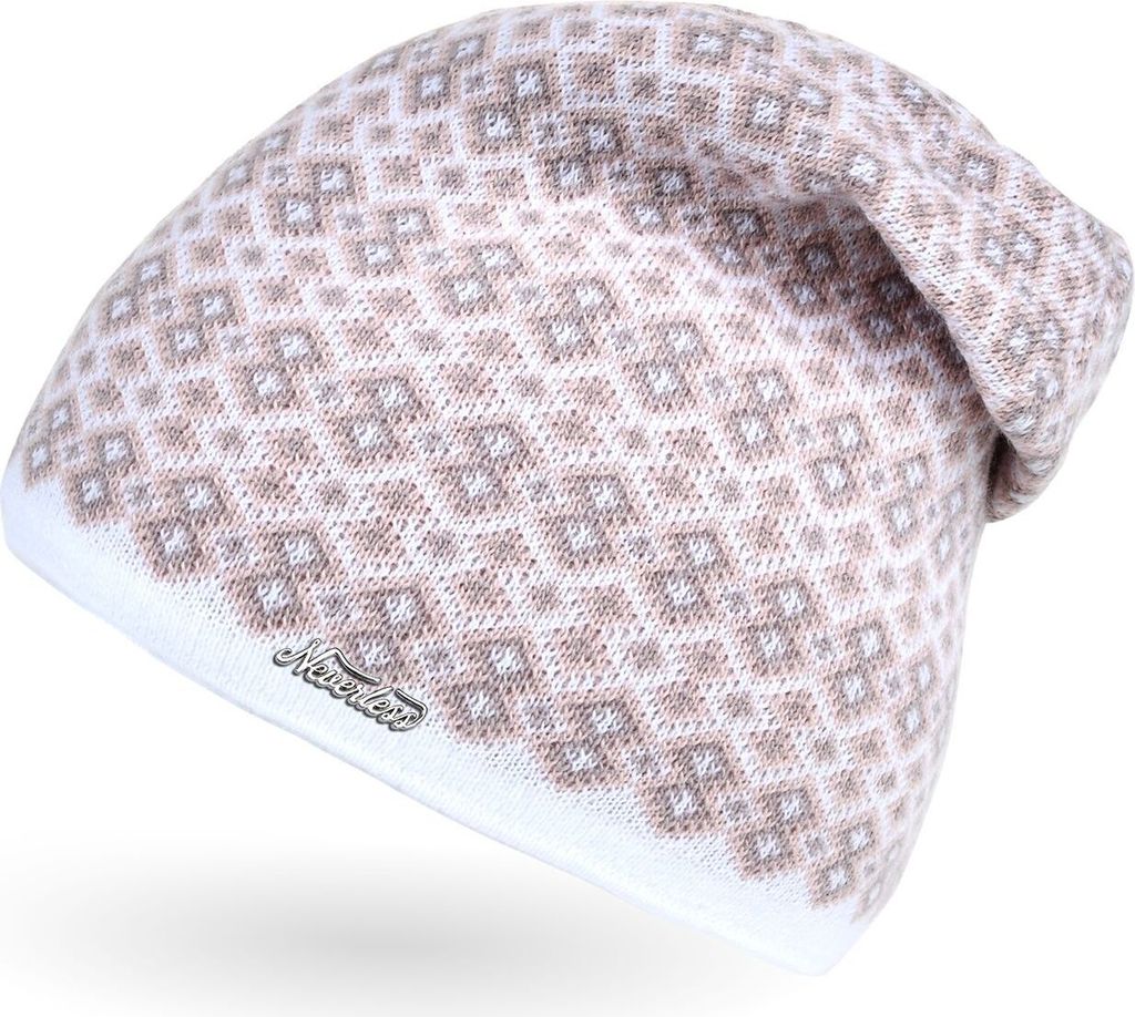 Damen Strick-Mütze Beanie gefüttert Fleece Innenfutter Winter-Mütze Rautenmuster Neverless weiß unisize