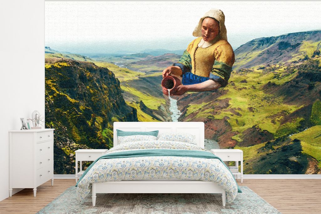 MuchoWow Fototapete für Wohnzimmer oder Schlafzimmer Wandtapete Vinyl Motivtapete Milchmädchen - Vermeer - Natur - 320x240 cm - Tapeten