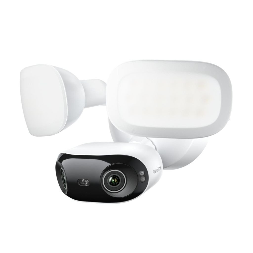 A white floodlight security camera with a black camera lens is shown against a white background.