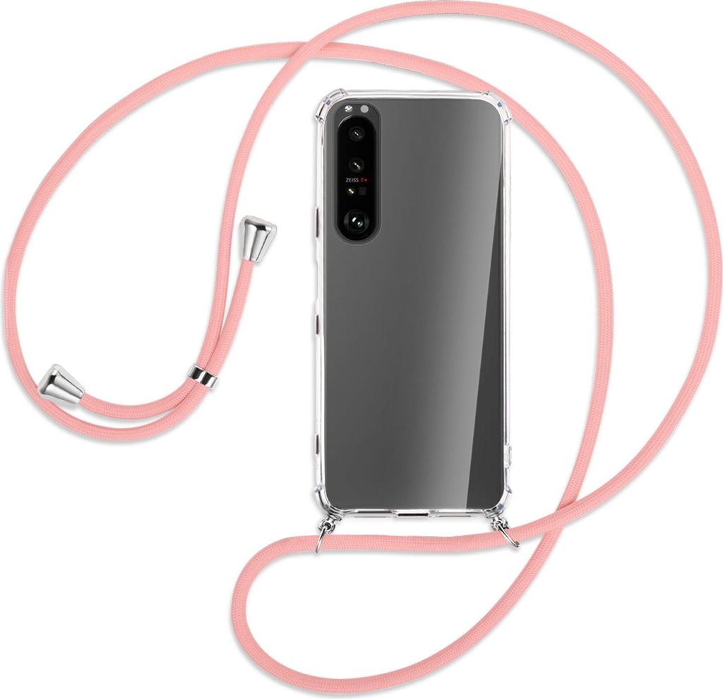 Handykette Backcover-Schutzhülle mit Band (Metall silberfarben) für Sony Xperia 1 II - rosa