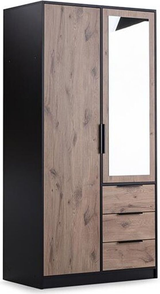 BETTSO Kleiderschrank Schrank mit Spiegel und Schubladen Wohnzimmer 2-türig TILA 100 cm Schwarz Matt + Eiche Wiking