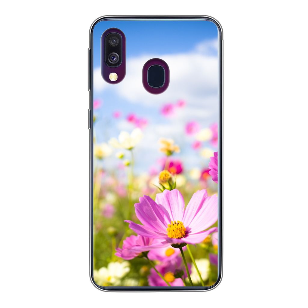 MuchoWow Handyhülle Schutzhülle Hülle für Samsung Galaxy A40 Blumen - Wiese - Lila - Gras - Weiß - Wolken - Blau Silikon Softcase Handy Hül...