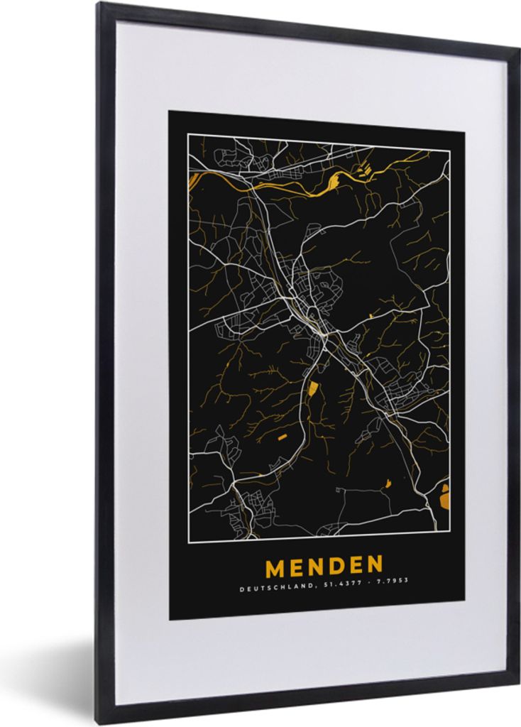 MuchoWow Gerahmtes Poster Stadtplan - Deutschland - Gold - Menden - Karte 40x60 cm - Poster mit Schwarzem Bilderrahmen Wandposter Rahmen Foto Bil...