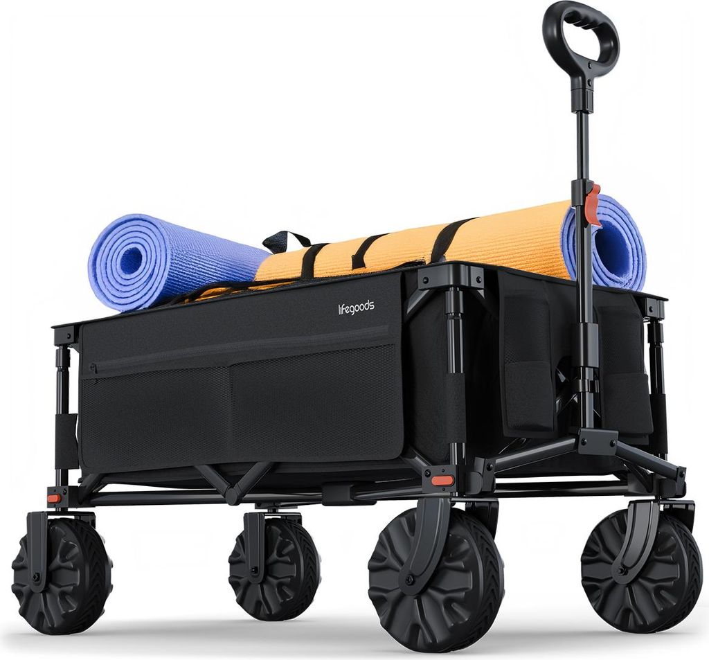 LifeGoods Bollerwagen - Faltbar - 100KG - 135L - Klappbarer Handwagen mit Abnehmbaren Rädern - Schutzhülle - Schwarz