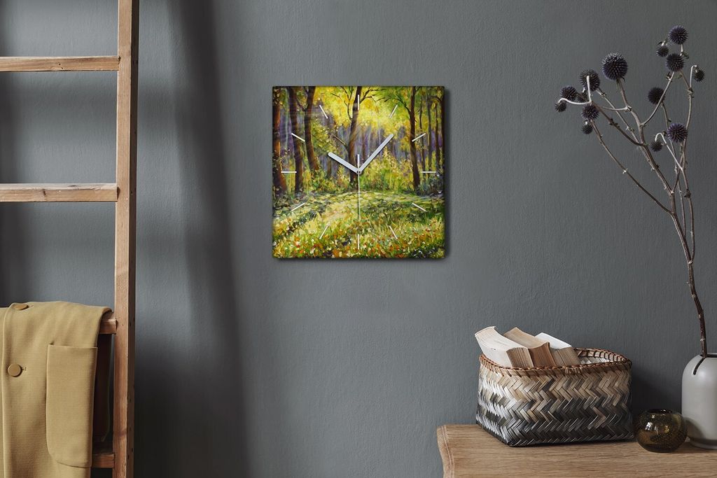 Coloray Hodiny Unikátní 30x30 cm Tiché hodiny Pro obývací pokoj a kuchyň Nástěnné hodiny Plátno Bílé ručičky hodin - Květiny lesní ...