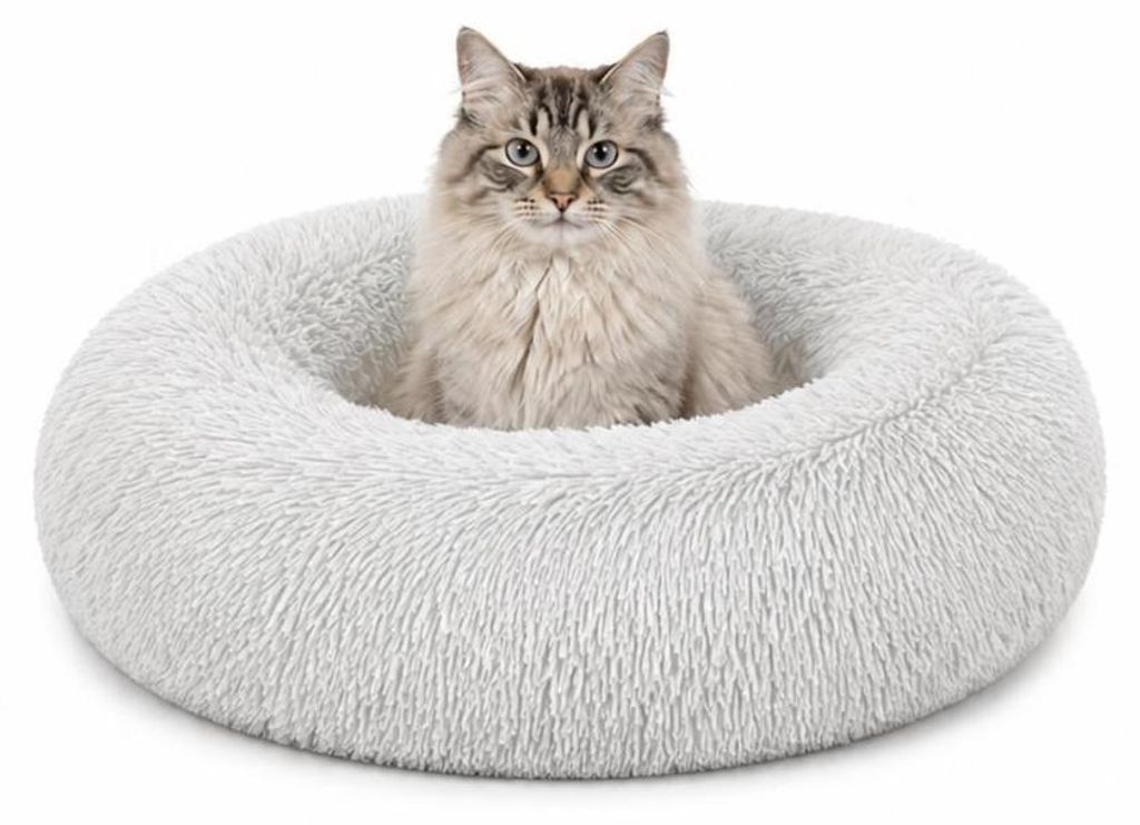 lionto Donut Katzenkissen, rundes Bett mit Plüschbezug & Anti-Rutsch-Boden, erhöhter Rand für Geborgenheit, 50 cm Durchmesser, hellgrau