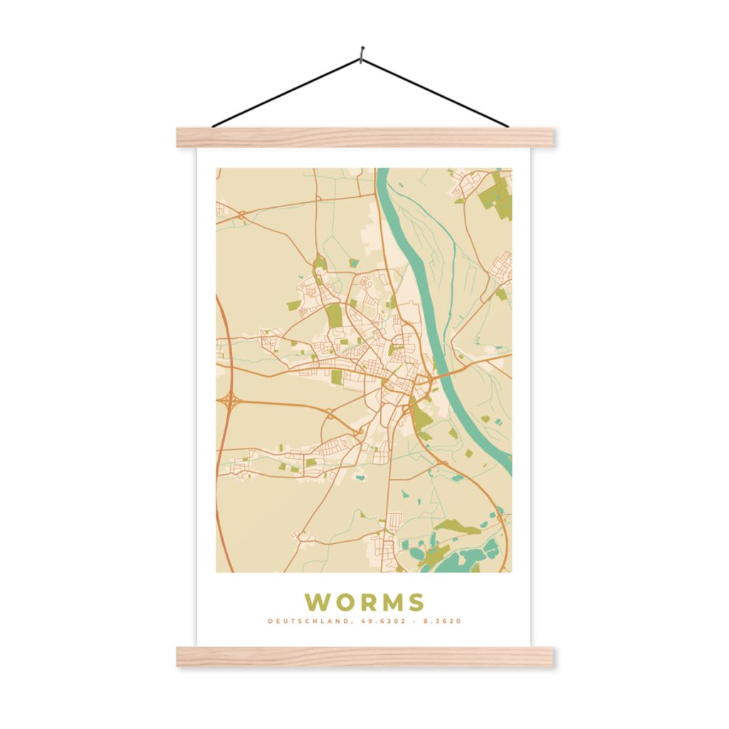MuchoWow Textilposter Karte - Worms - Stadtplan - Vintage 60x90 cm mit holzfarbenen Rahmen - Textil