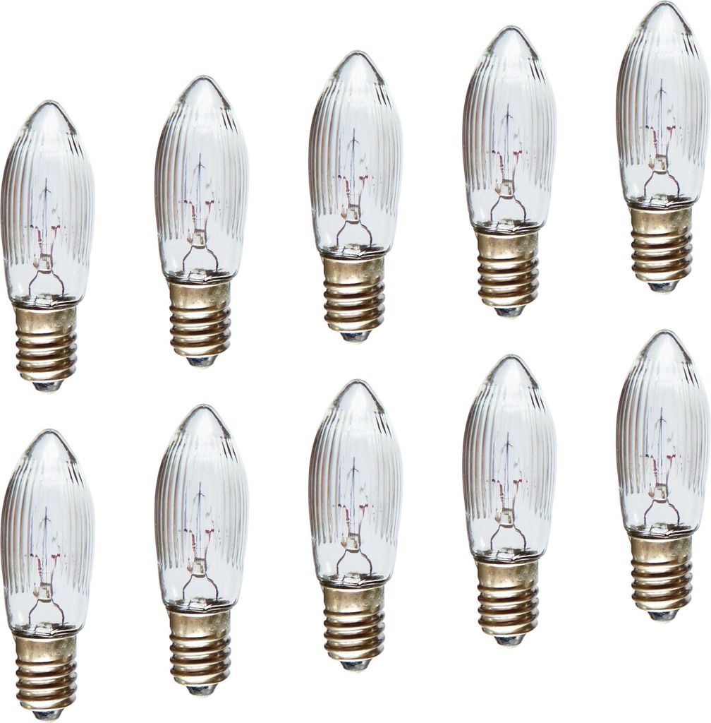 A collection of clear glass light bulbs with silver bases, arranged in two rows on a white background.
