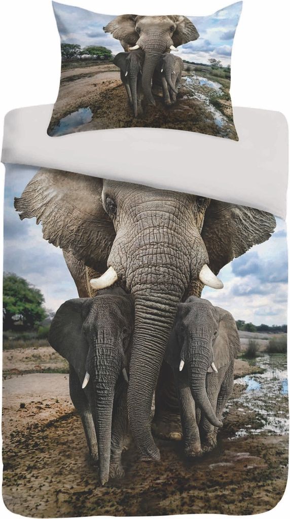 Sognamo Bio-Baumwoll Bettwäsche 135x200 cm – Modell Mumba Elefant – 2-teiliges Set mit Kissenbezug 80x80 cm – Wendebettwäsche aus Organic &...