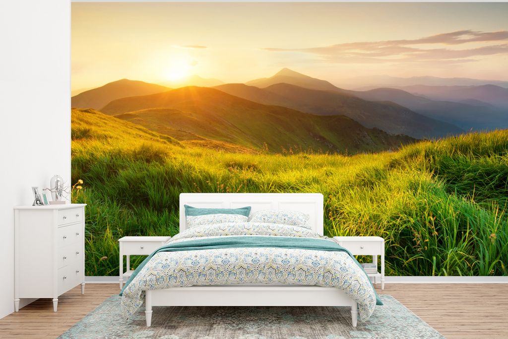 MuchoWow Fototapete für Wohnzimmer oder Schlafzimmer Wandtapete Vinyl Motivtapete Gras - Hügel - Sonne - Natur - Landschaft - 400x300 cm - Papi...