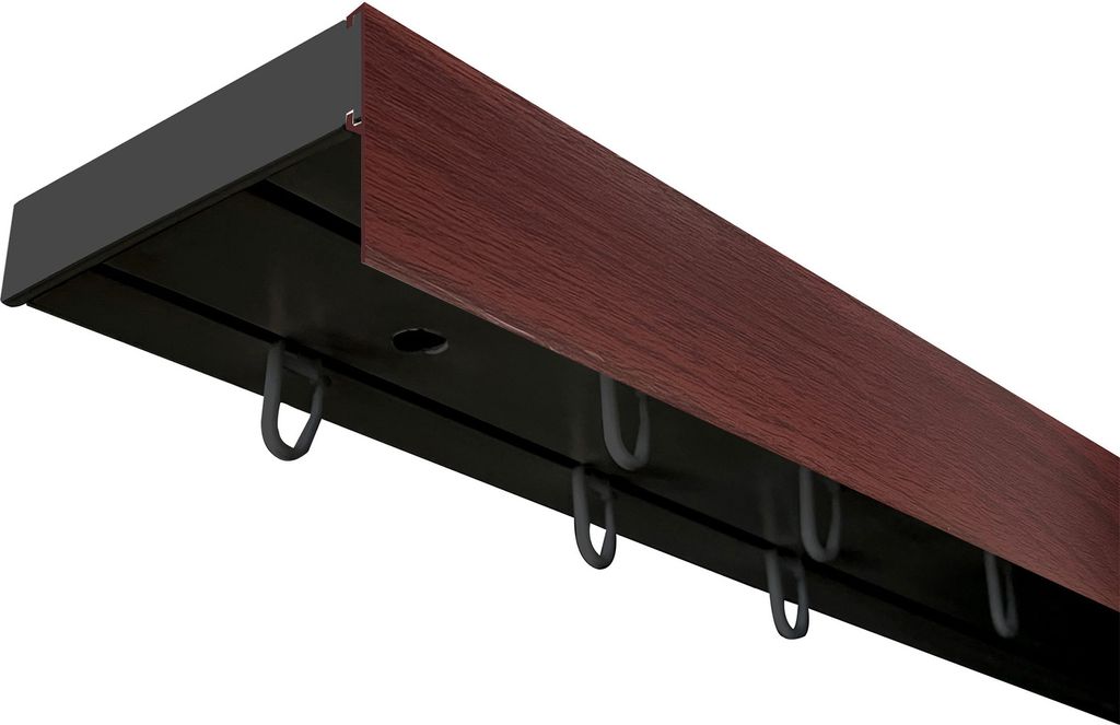 SN Deco - Vorhangschiene SH Set, 3-läufig, schwarz 200 cm, vorgebohrt, m. Blende, Mahagoni, 7.5 cm, Komplettes Zubehör und Röllchen