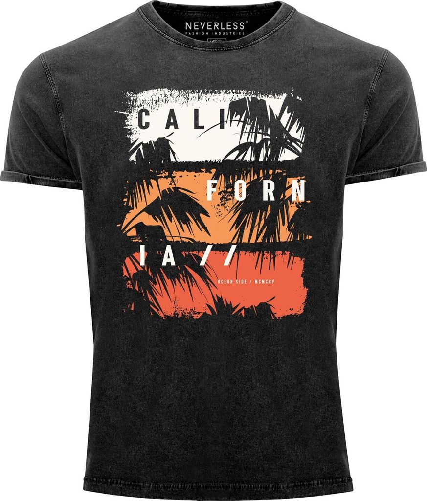Herren Vintage Shirt California Schriftzug Palmen Printshirt T-Shirt Aufdruck Used Look Slim Fit Neverless schwarz XL