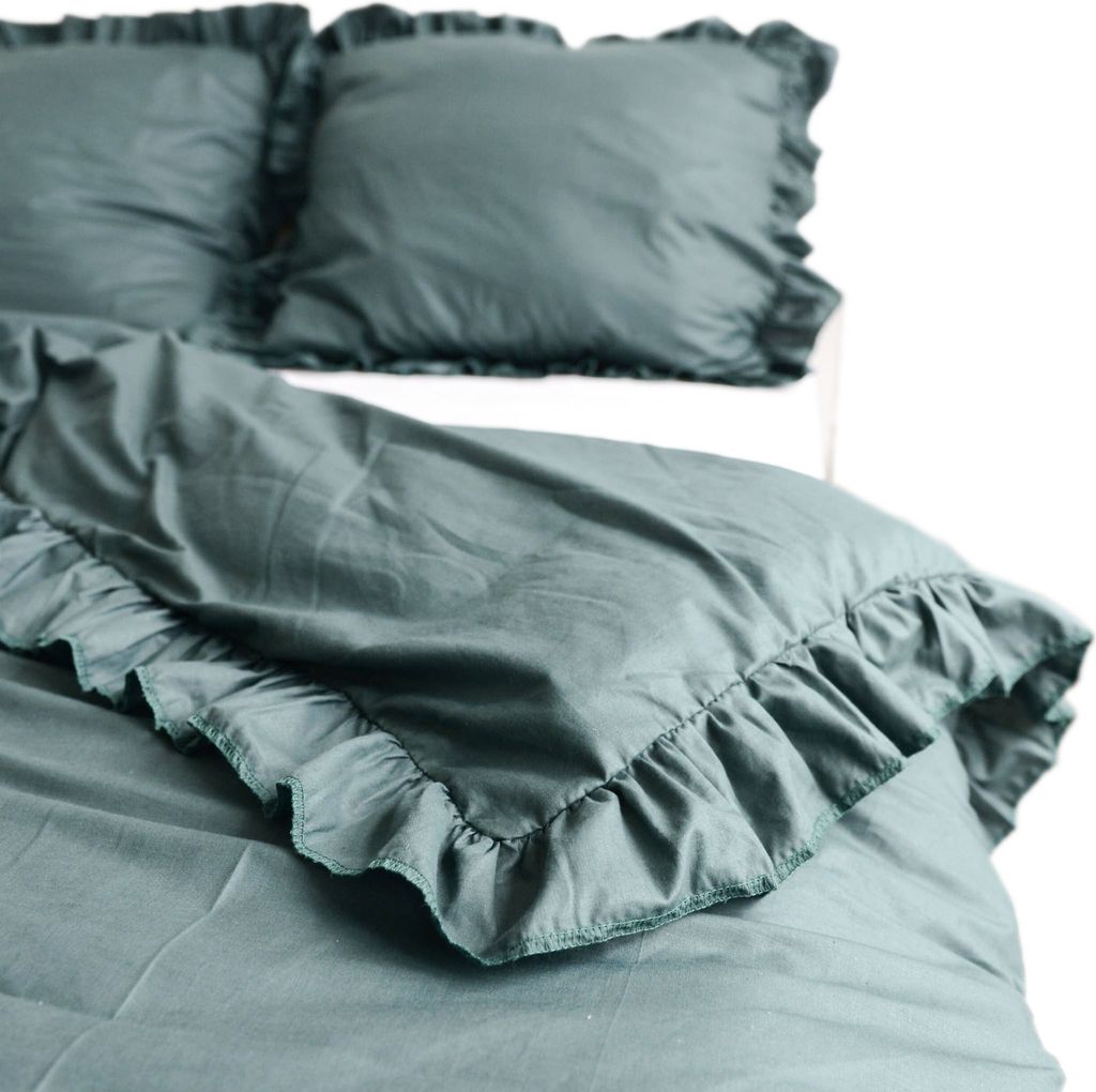 Baumwolle Bettwäsche Mit Rüschen Set Schlafzimmer Bettdeckenbezug 160X200 Cm + 2 Kissenbezüge 70X80 Cm Flasche Grün