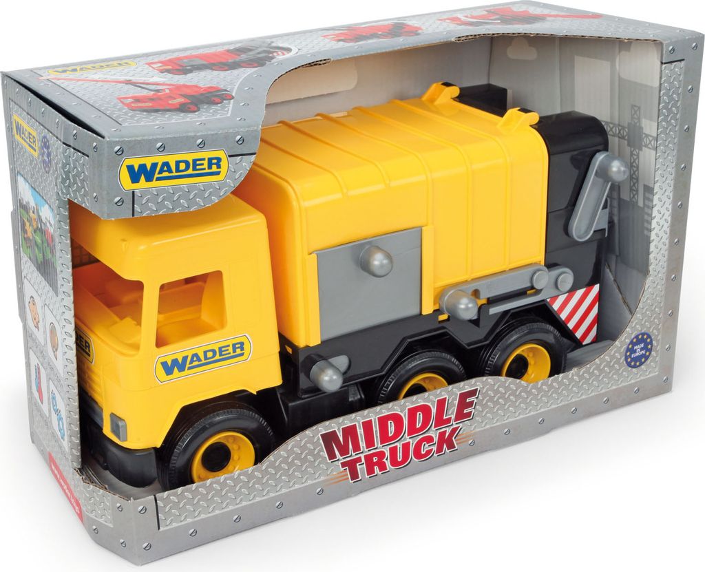 MIDDLE TRUCK Müllwagen gelb-schwarz im Schaukarton Produktbild 