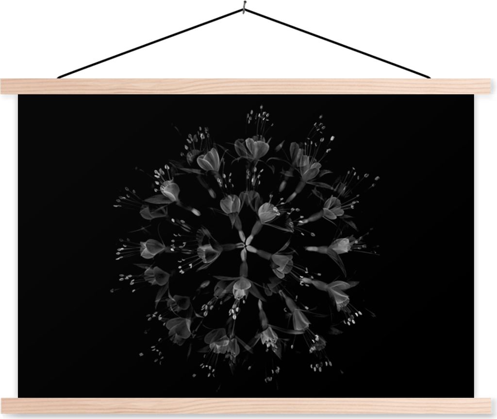 MuchoWow Textilposter Blumen - Orange - Rosa - Schwarz 120x80 cm mit holzfarbenen Rahmen - Aufhängeset