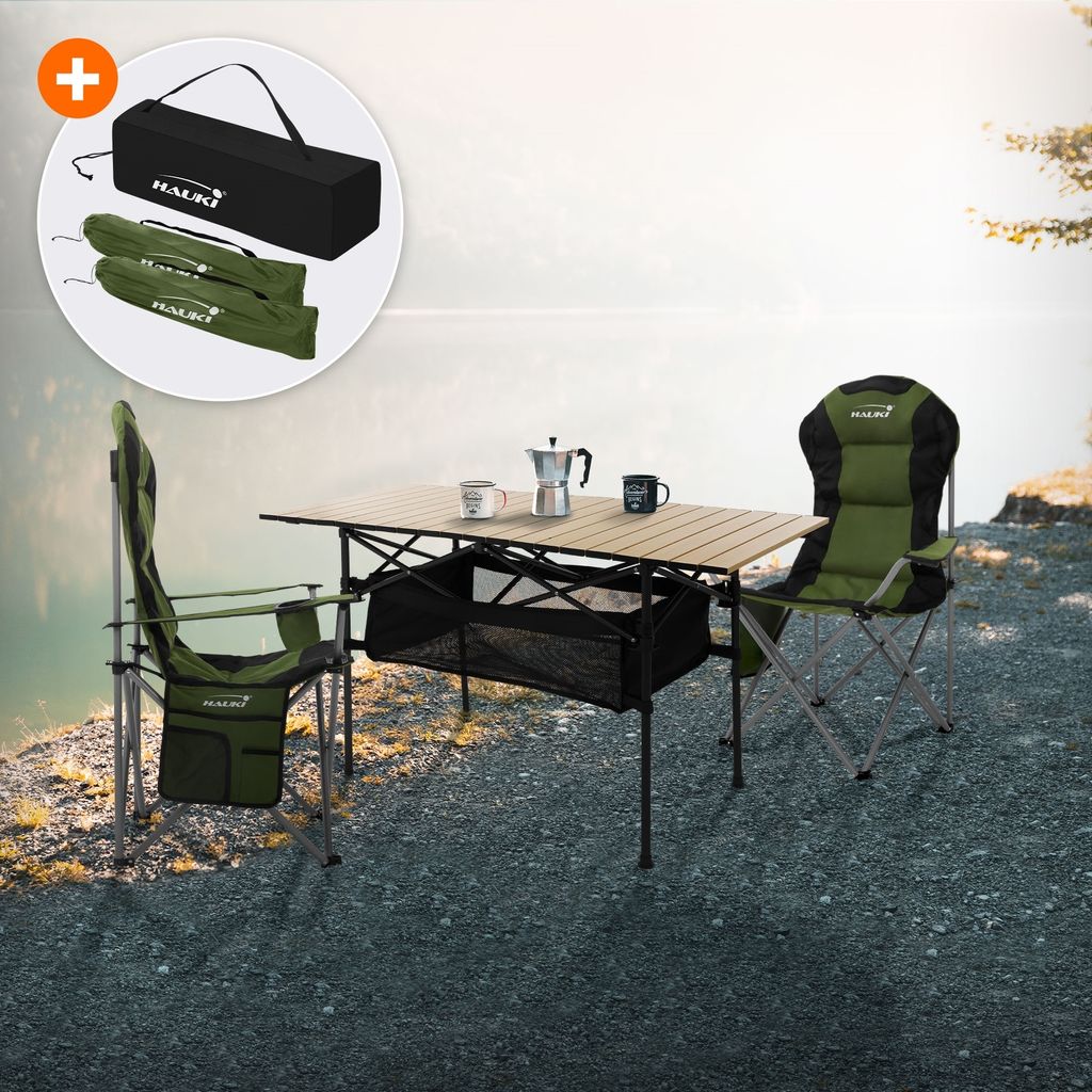 Hauki Campingmöbel Set 3tlg., Klapptisch Beige mit 2 Campingstühlen Khaki inkl. Tragetasche