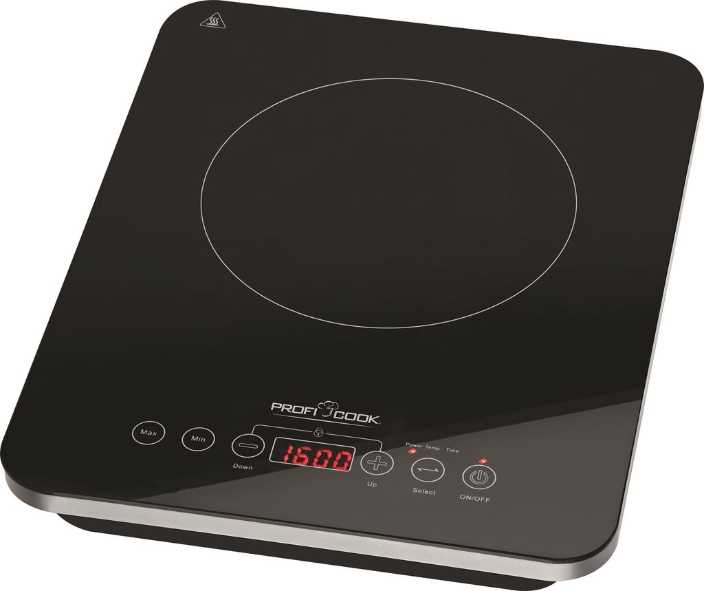 A black induction hob with a digital display and control buttons.