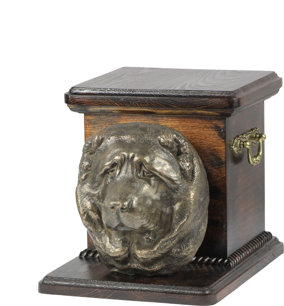 Kaukasischer Schäferhund, Kaukasischer Owtscharka - Eine Urne für die Asche eines Hundes mit einer Statuette, eine elegante Urne für einen Hund,...