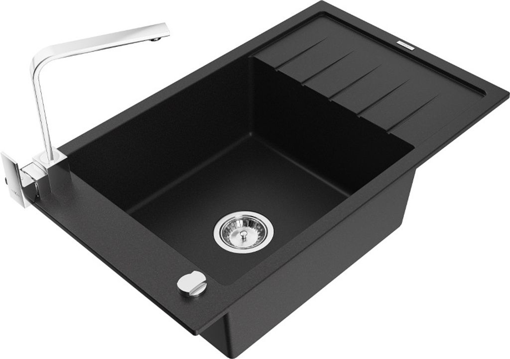 Mexen Elias 1 Becken-Granitspüle mit Abtropffläche und Mischbatterie Rita, Schwarz - 6511-77-670300-00