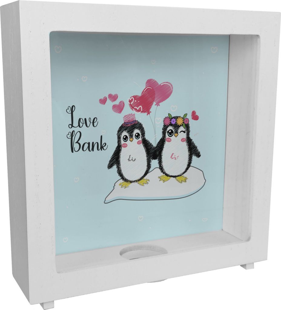 Pinguin Love Bank Rahmen Spardose aus Holz Produktbild 