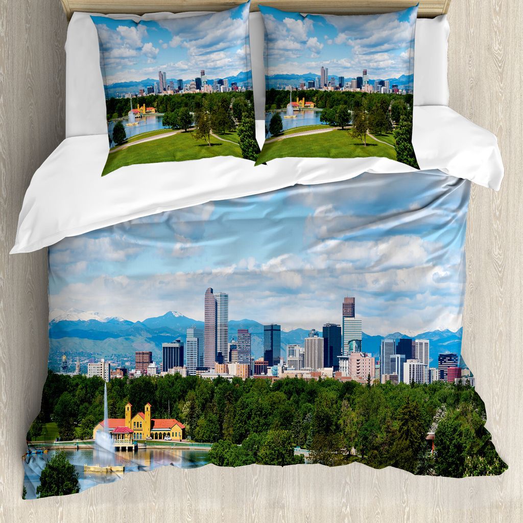 ABAKUHAUS Städtisch Bettbezug, Sunny City Park in Denver, Milbensicher Allergiker geeignet mit Kissenbezügen, 155 cm x 220 cm - 80 x 80 cm, Sky B...