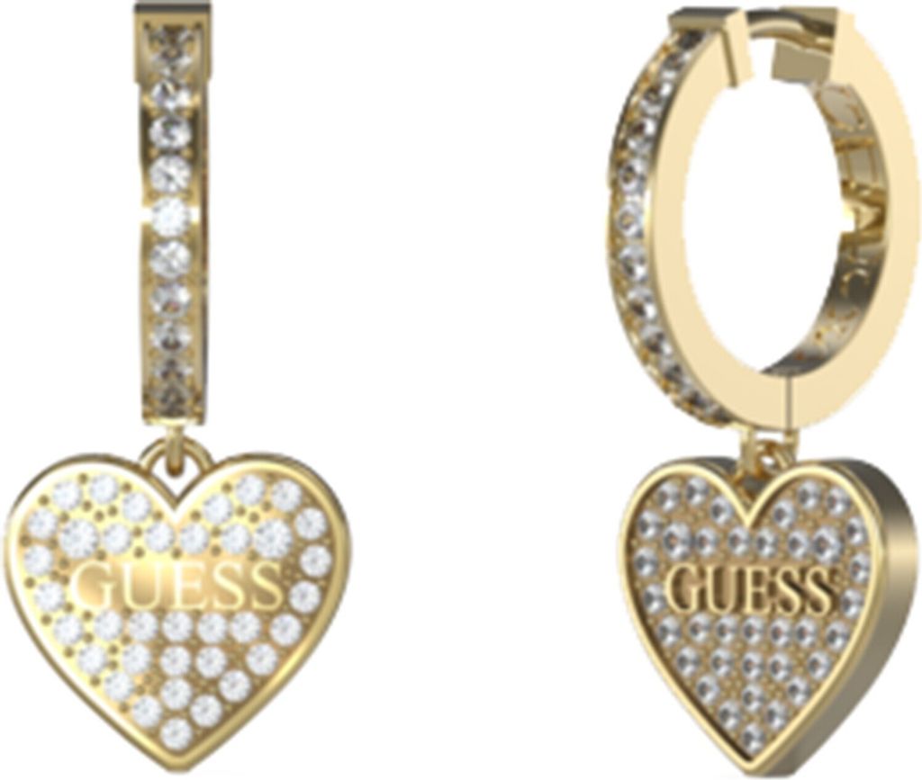 A pair of gold heart-shaped earrings with clear stones and the brand name 'Guess' inscribed on them.