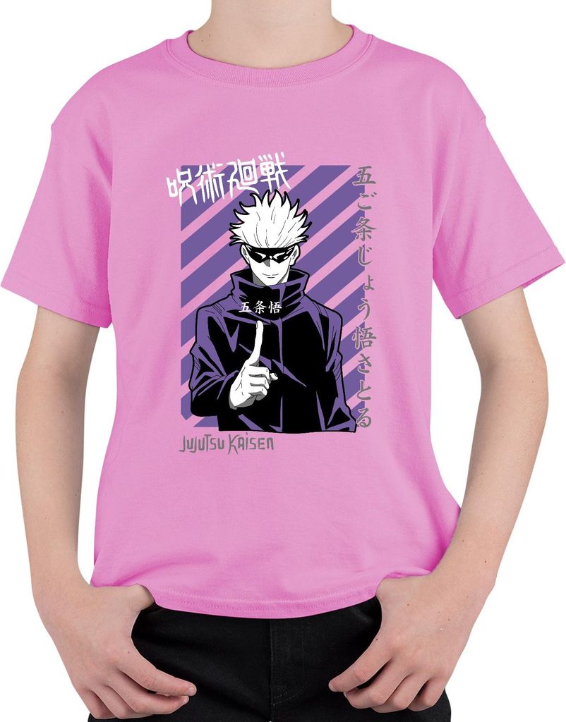 Jujutsu Kaisen Gojo Satoru Anime Manga lila Streifen Fan Vintage Uni Kinder T-Shirt, Pink, 128