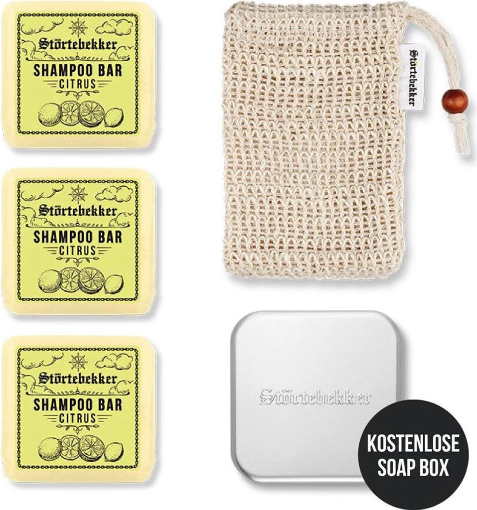 Störtebekker Duschset - 3 x festes Shampoo (Citrus), Sisalsäckchen und GRATIS Seifendose - für die tägliche Pflege - Haar, Körper & Gesicht