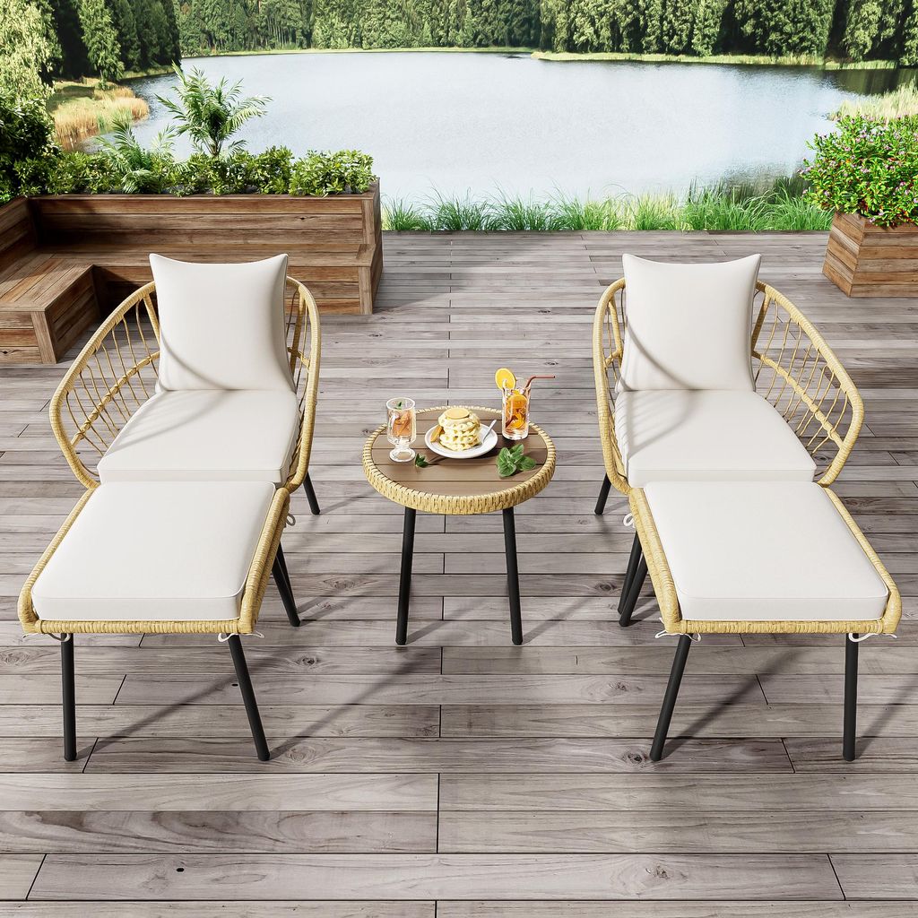 5-teilig Rattan Garten-Lounge-Set Sitzgruppe für 2-4 Personen mit Esstisch Stühle & Hocker wetterfest Rostfrei Natur Holz-Optik
