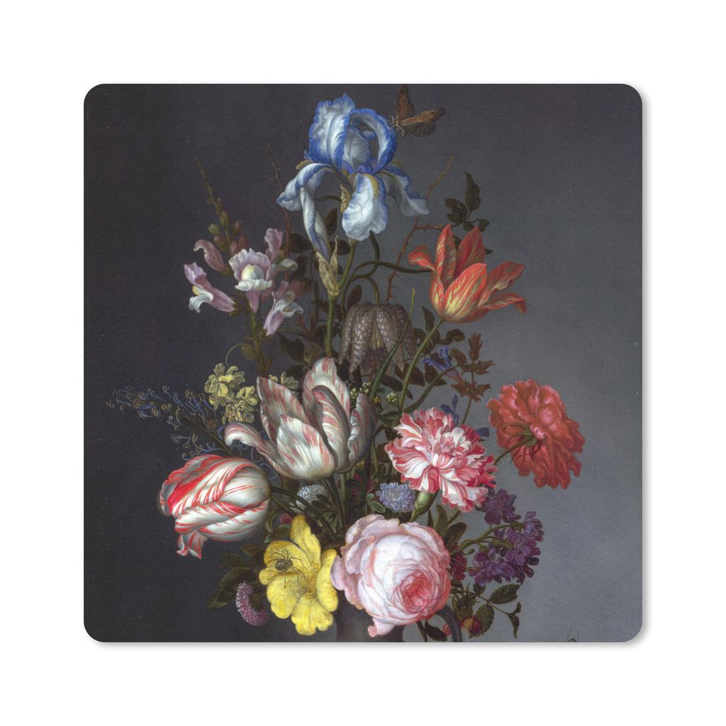 MuchoWow Mauspad Mousepad Blumen in einer Vase mit Muscheln und Insekten - Balthasar van der Ast 30x30 cm - Mousepads - Maus Mat - Pad - Mausunte...