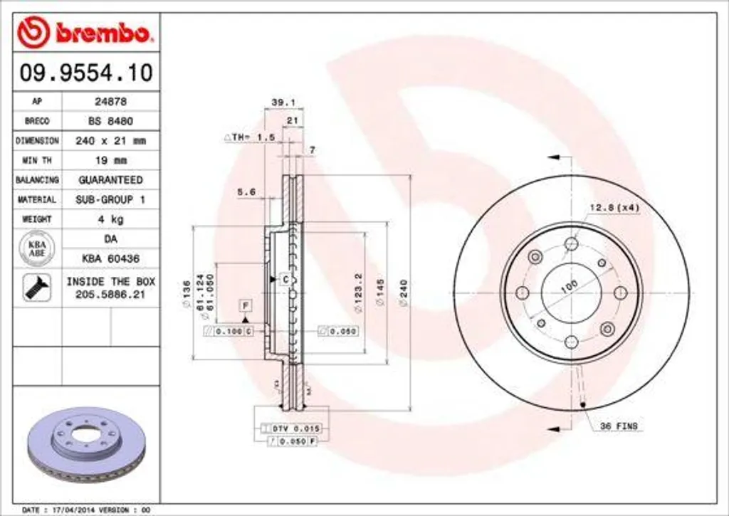 Disque de frein de remplacement Honda Jazz II et Logo - Brembo 09.9554.10
