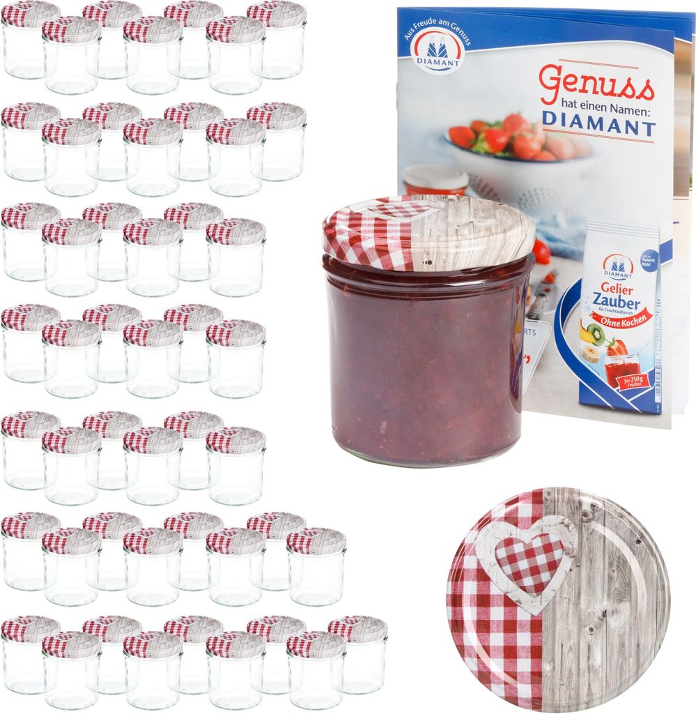 A collection of glass jars with red and white checkered lids, a jar filled with jam, and a recipe booklet.