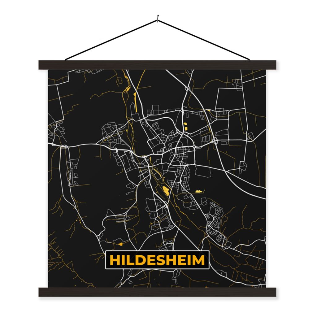 MuchoWow Textilposter Hildesheim - Gold - Stadtplan - Karte - Deutschland 40x40 cm mit schwarzem Rahmen - Fotos