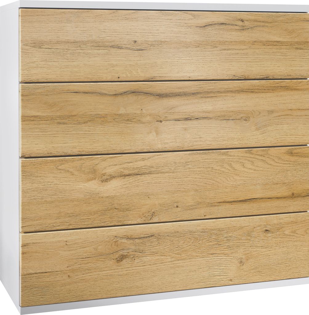 Vladon Kommode hängend Pavos V3, Sideboard mit 4 Schubladen Weiß matt/Eiche Natur (76 x 94 x 35 cm)